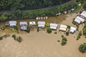 Aerial photograph, Ruhr flood, flooding, flooded campsite at Kempel in Niederwenigern, Hattingen,