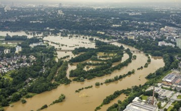 Aerial photo, Ruhr flood, flooding, Ruhrschleife Überruhr, Essen-Steele, Essen, Ruhr area, North