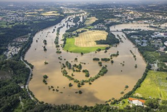 Aerial photo, Ruhr flood, flooding, Ruhrschleife Isenbergstraße, Hattingen, Ruhr area, North