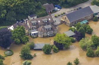 Aerial photograph, Ruhr flood, flooding, flooded campsite at Kempel in Niederwenigern, Hattingen,
