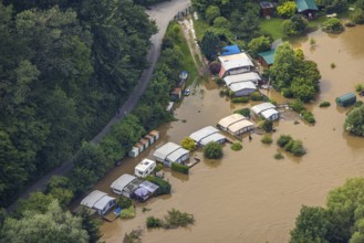 Aerial photograph, Ruhr flood, flooding, flooded campsite at Kempel in Niederwenigern, Hattingen,