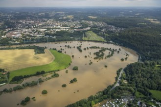 Aerial photo, Ruhr flood, flooding, Ruhrschleife Isenbergstraße, Hattingen, Ruhr area, North