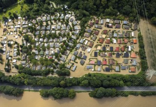 Aerial photo, Ruhr flood, flooding, flooded campsite leisure centre Ruhr Valley, Winz, Hattingen,