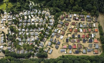Aerial photo, Ruhr flood, flooding, flooded campsite leisure centre Ruhr Valley, Winz, Hattingen,