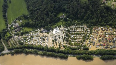 Aerial photo, Ruhr flood, flooding, flooded campsite leisure centre Ruhr Valley, Winz, Hattingen,
