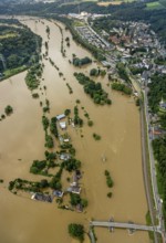 Aerial photo, Ruhr flood, flooding, floating bridge Dahlhausen, Linden, Bochum, Ruhr area, North
