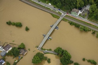 Aerial photo, Ruhr flood, flooding, Dahlhausen floating bridge, Linden, Bochum, Ruhr area, North
