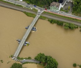 Aerial photo, Ruhr flood, flooding, Dahlhausen floating bridge, Linden, Bochum, Ruhr area, North