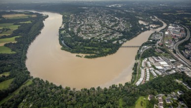 Aerial photo, Ruhr flood, flooding, Ruhrbogen Heisingen, Kupferdreh, Essen, Ruhr area, North