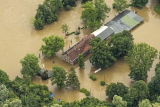Aerial photograph, Ruhr flood, flooding, flooded ferry house Rote Mühle, Heisingen, Essen, Ruhr