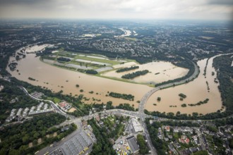 Aerial photo, Ruhr flood, flooding, Ruhrschleife Überruhr, Essen-Steele, Essen, Ruhr area, North