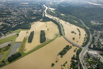 Aerial photo, Ruhr flood, flooding, Konrad-Adenauer-Brücke, Bergerhausen, Essen, Ruhr area, North