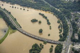 Aerial photo, Ruhr flood, flooding, Konrad-Adenauer-Brücke, Bergerhausen, Essen, Ruhr area, North