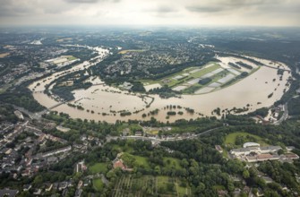 Aerial photo, Ruhr flood, flooding, Ruhrschleife Überruhr, Essen-Steele, Essen, Ruhr area, North
