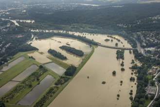 Aerial photo, Ruhr flood, flooding, Konrad-Adenauer-Brücke, Bergerhausen, Essen, Ruhr area, North