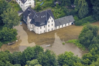 Aerial photo, Ruhr floods, floods at Laupendahler Landstraße in Essen-Werden, Werden, Essen, Ruhr