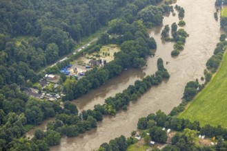 Aerial photo, Ruhr floods, floods at Laupendahler Landstraße in Essen-Werden, Werden, Essen, Ruhr