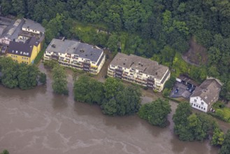 Aerial photo, Ruhr floods, floods at Laupendahler Landstraße in Essen-Werden, Werden, Essen, Ruhr