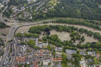 Aerial photograph, Ruhr flood, flooding, flooded Brehminsel Essen-Werden, Essen-Bredeney, Essen,