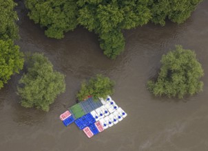 Aerial photograph, Ruhr flood, flooding, flooded Brehminsel Essen-Werden, Essen-Bredeney, Essen,