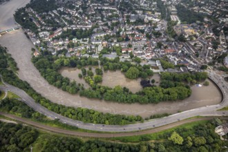 Aerial photograph, Ruhr flood, flooding, flooded Brehminsel Essen-Werden, Essen-Bredeney, Essen,