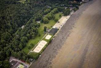 Aerial photo, Ruhr flood, flooding, Lake Baldeney with oil discolouration on the water surface,