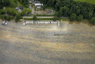 Aerial photo, Ruhr flood, flooding, Lake Baldeney with oil discolouration on the water surface,