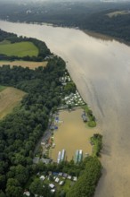 Aerial photo, Ruhr flood, flooding, Lake Baldeney with oil discolouration on the water surface,