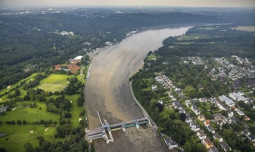 Aerial photo, Ruhr flood, flooding, Lake Baldeney weir Essen-Werden, Essen-Bredeney, Essen, Ruhr