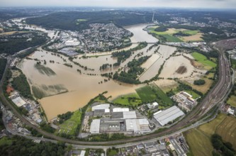 Aerial view, Ruhr floods, flooding south of Wetter, Vorhalle, Ruhr area, North Rhine-Westphalia,