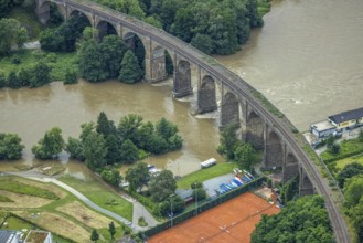 Aerial photo, Ruhr flood, barrage Hengsteysee, flooding, Herdecke, Boele, Hagen, Ruhr area, North