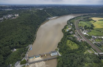 Aerial photo, Ruhr flood, barrage Hengsteysee, flooding, Herdecke, Boele, Hagen, Ruhr area, North