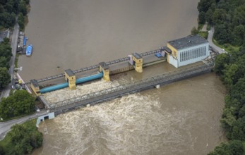 Aerial photo, Ruhr flood, barrage Hengsteysee, flooding, Herdecke, Boele, Hagen, Ruhr area, North