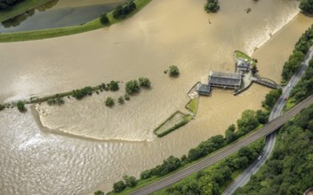 Aerial photo, Ruhr flood, barrage Witten, flooding, Annen, Witten, Ruhr area, North