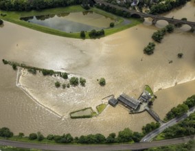 Aerial photo, Ruhr flood, barrage Witten, flooding, Annen, Witten, Ruhr area, North