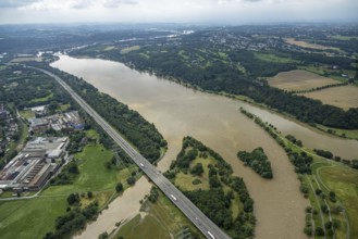 Aerial photo, Ruhr floods, Kemnader Lake, flooding, Heven, Witten, Ruhr area, North