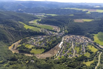 Aerial photograph, flood area with river Ahr in Schuld, Ahr valley, Rhineland-Palatinate, Germany,