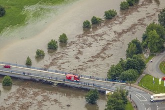 Aerial photo, Ruhr flood, flood after heavy rainfall, Wickede, Sauerland, North Rhine-Westphalia,