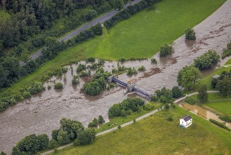 Aerial photo, Ruhr flood, flood after heavy rainfall, Wickede, Sauerland, North Rhine-Westphalia,