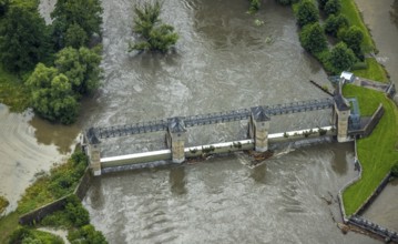 Aerial photo, Ruhr flood, flood after heavy rainfall, Wickede, Sauerland, North Rhine-Westphalia,