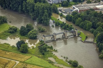 Aerial view, Ruhr flood, flood after heavy rainfall, Echthausen, Wickede, Sauerland, North