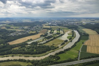 Aerial photo, Ruhr flood, barrage Ense Wickede, flood after heavy rainfall, Waltringen, Ense,