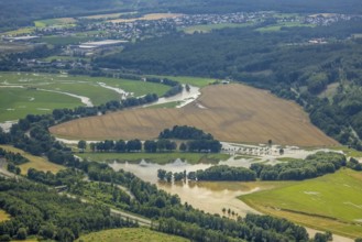 Aerial view, Ruhr flood, flood after heavy rainfall, Waltringen, Ense, Sauerland, North