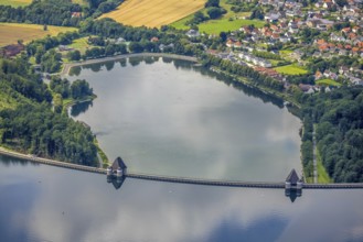 Aerial view, flood after heavy rainfall, Möhne dam with water level, Möhne dam wall, Günne, Lake