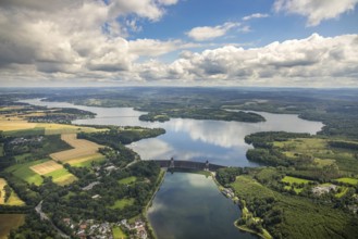 Aerial view, flood after heavy rainfall, Möhne dam with water level, Günne, Lake Möhne, Sauerland,