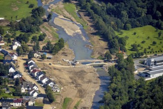 Aerial view, flood area at the river Ahr with destroyed Josef Emmerich bridge and temporary bridge