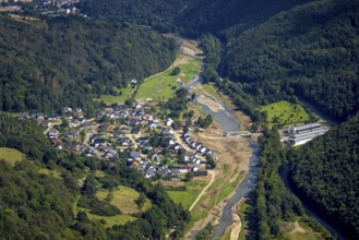 Aerial view, flood area at the river Ahr with destroyed Josef Emmerich bridge and temporary bridge