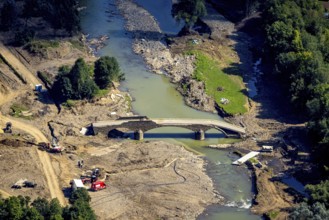 Aerial view, flood area at the river Ahr with destroyed bridge in the district of Dümpelfeld,