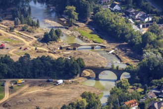 Aerial view, flood area at the river Ahr with destroyed bridge in the district of Dümpelfeld,