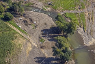 Aerial view, flood area at the river Ahr with waste in Schuld, Ahr valley, Rhineland-Palatinate,